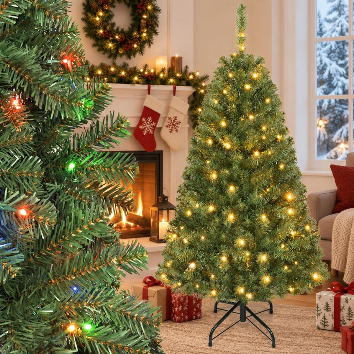 Airfind 5 FT Artificial Christmas Tree with 2 Lighting Colors and Folding Metal Stand, PVC Metal Frame, Green