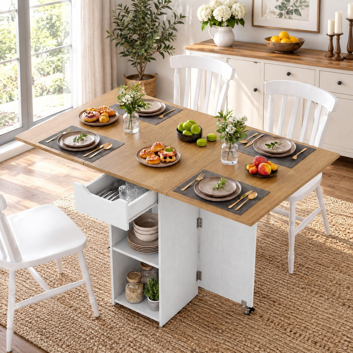 Airfind 47.5 Inch Farmhouse Extendable Wooden Dinner Table with Lockable Wheels, 88 Lbs Each Shelf Capacity, Engineered Board MDF, Natural