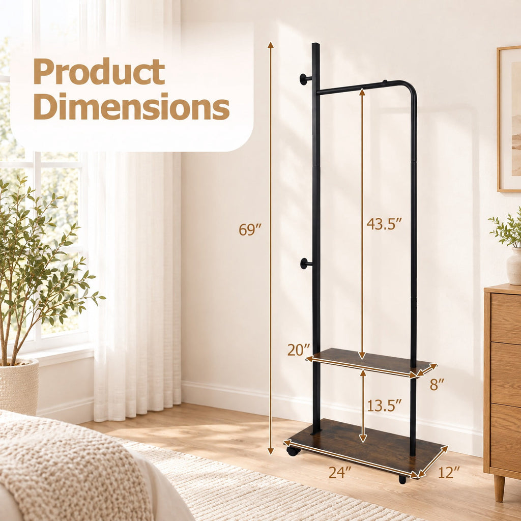 Airfind Freestanding Clothing Rack with Wheels and Storage Shelves for Entryway and Bedroom, 120 lbs Capacity, Engineered Wood Metal Frame, Brown