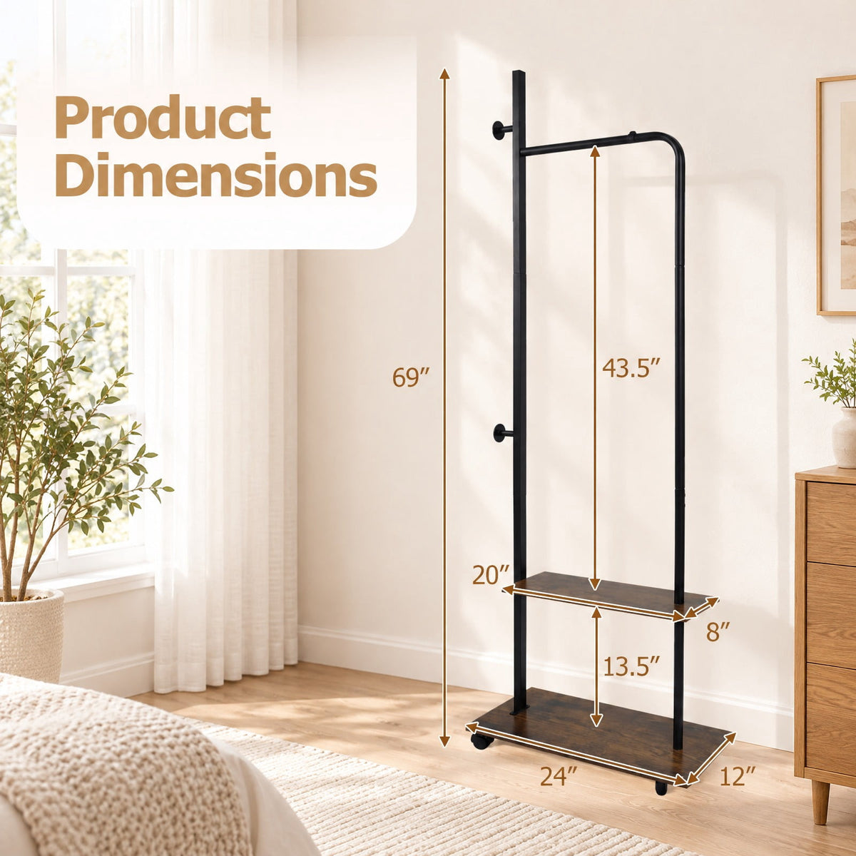Airfind Freestanding Clothing Rack with Wheels and Storage Shelves for Entryway and Bedroom, 120 lbs Capacity, Engineered Wood Metal Frame, Brown