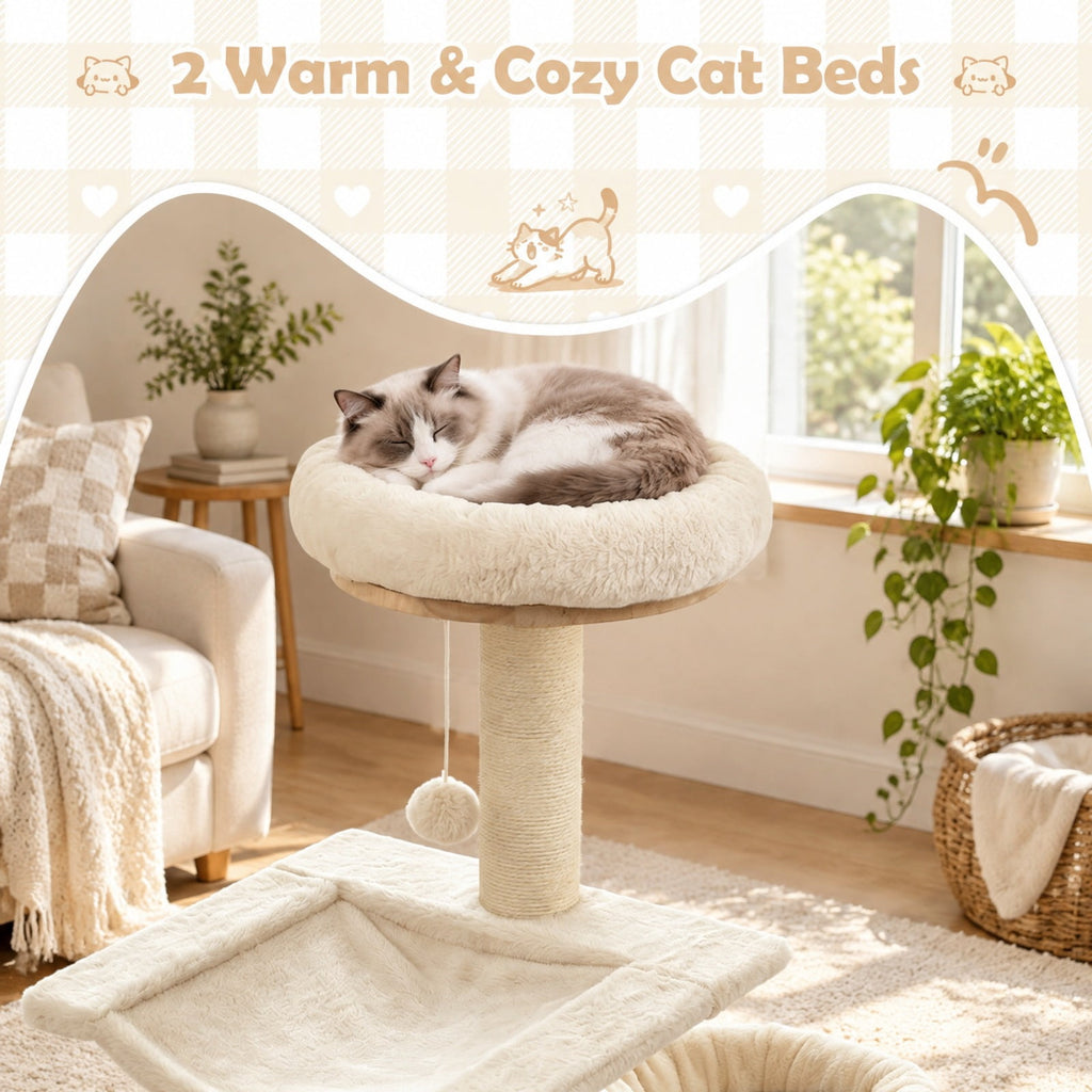 Airfind 55in Solid Rubber Wood Cat Tree with Condo and Hammock and Scratching Posts for Adult Cats, Beige