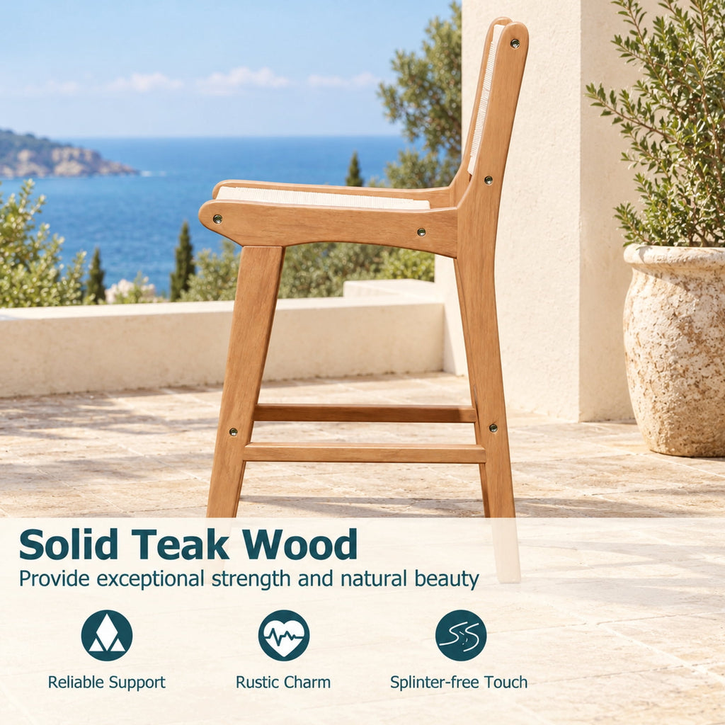 Airfind Set of 4 Outdoor Counter Height Bar Stool Woven Paper Rope Patio Barstool with Teak Wood Frame, 400 lbs Capacity, Wood