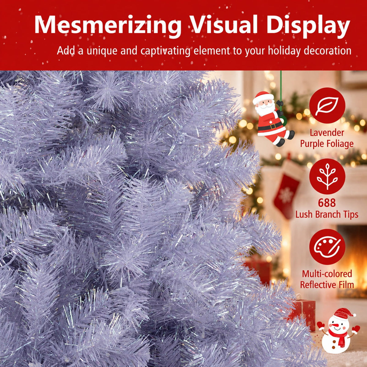 Airfind 6/7.5 FT Pre-Lit Tinsel Christmas Tree Artificial Xmas Tree, PVC PET Metal S/M Frame, 3.3 x 6 ft Footprint, Deep Purple