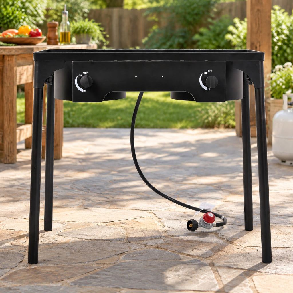 Airfind 150000 BTU Double Burner Outdoor Stove BBQ Grill, Cast iron Frame, 150 000 BTU of cooking power, Fully adjustable heat dial per burner