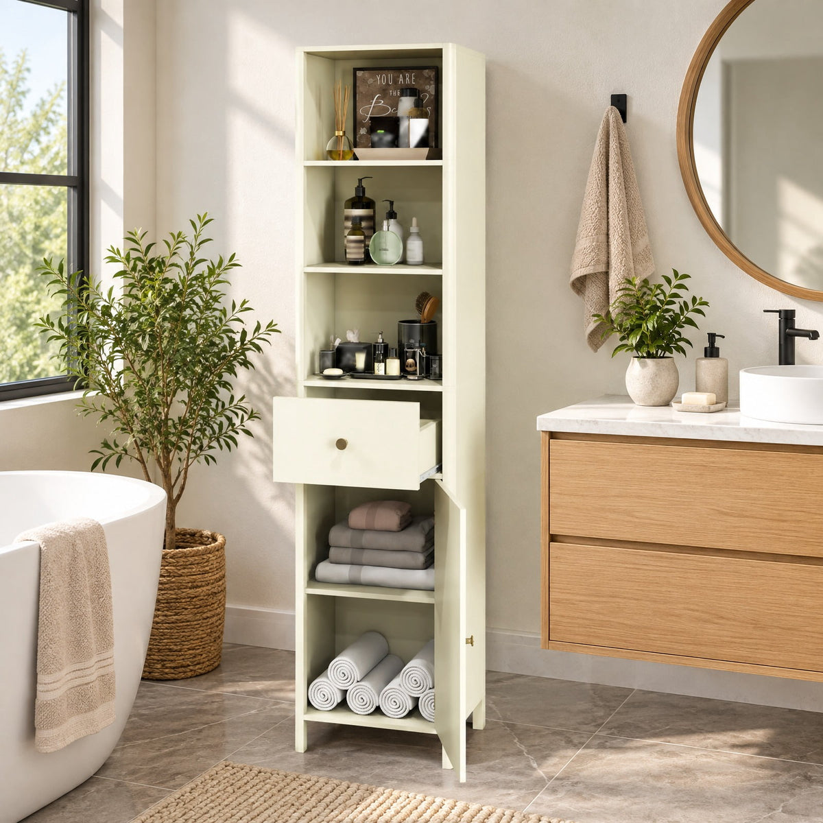 Airfind 67 Inch Tall Bathroom Cabinet Narrow Floor Cabinet with Fluted Door, MDF Frame, 16 Inch x 12 Inch x 67 InchInner Footprint, Beige