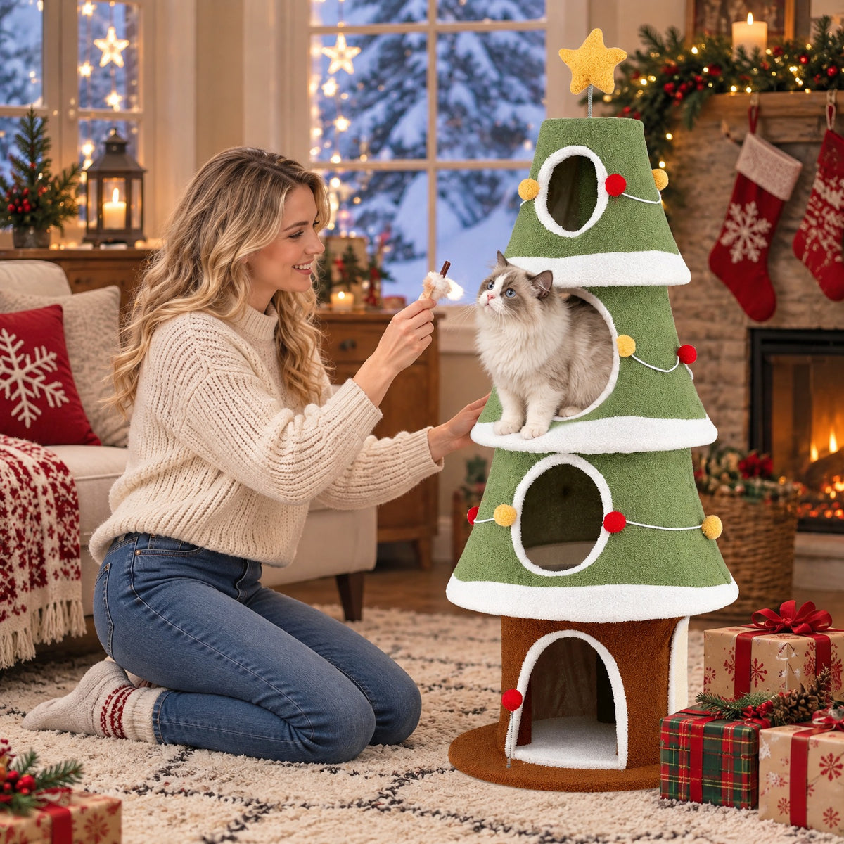 Airfind Large Christmas Cat Tree for Indoor Cats 61 Inch Cute Cat Tower with 4 Condos, 11 lbs Capacity, Engineered Wood Plush Fabric Frame, Green