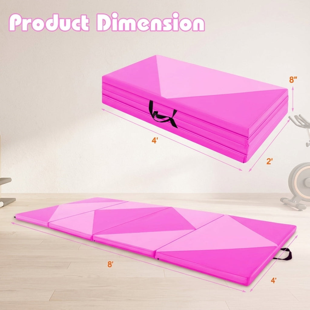 Airfind 8 Feet PU Leather Folding Gymnastics Mat with Hook and Loop Fasteners and Carry Handles for Kids Tumbling and Cheerleading, Pink