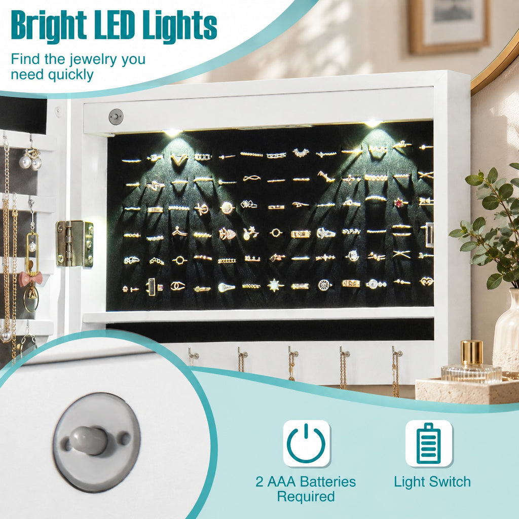 Airfind Lockable Wall Mount Mirrored Jewelry Cabinet with LED Lights, MDF Type: Wall/Door mounted Frame, 14.6 Inch x 3.8 Inch x 43.3 Inch Footprint, White