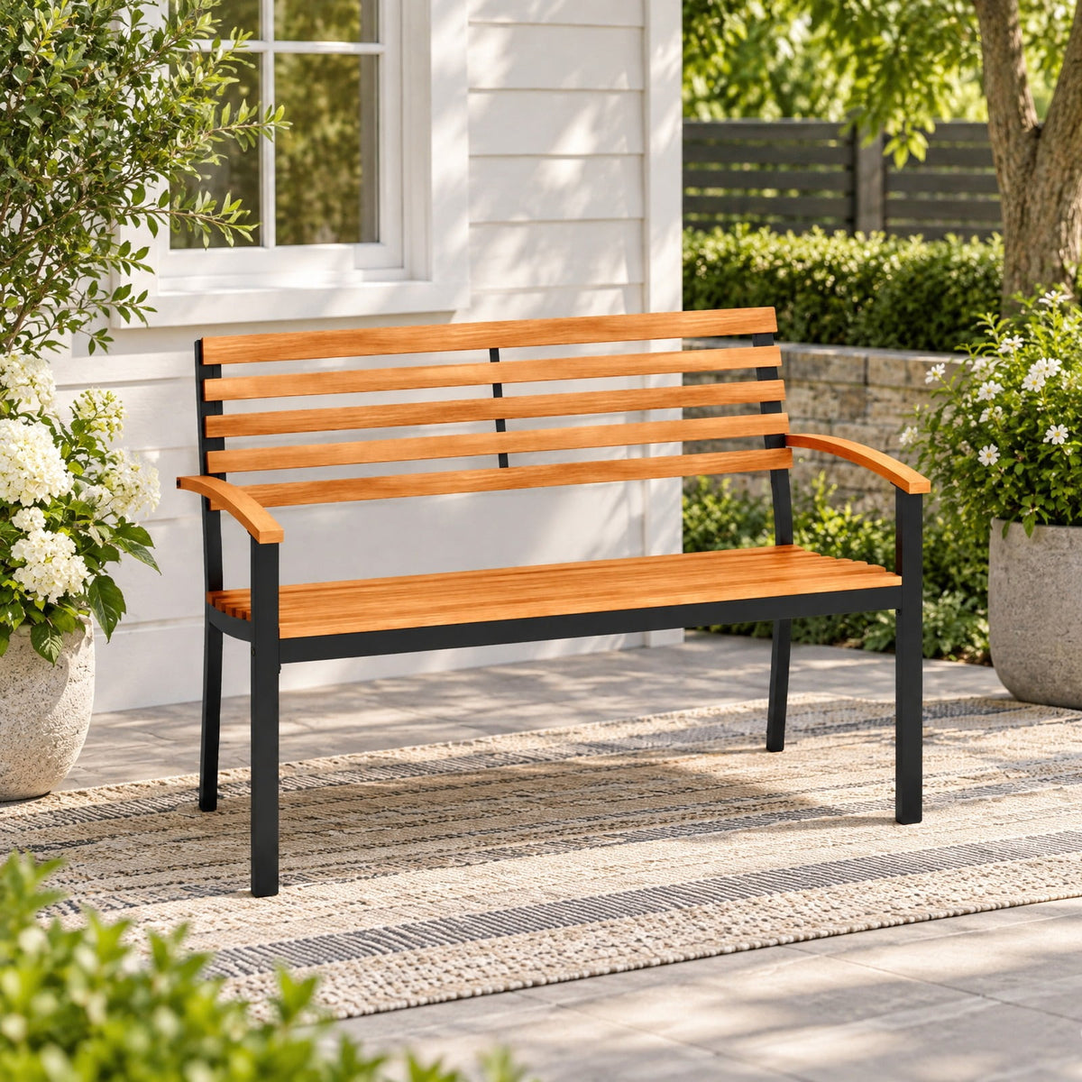 Airfind Outdoor Bench Acacia Wood Patio Loveseat with Backrest Armrests, 800 lbs Capacity, Acacia Wood Metal Frame, 47 × 23 × 34 Footprint, Wood