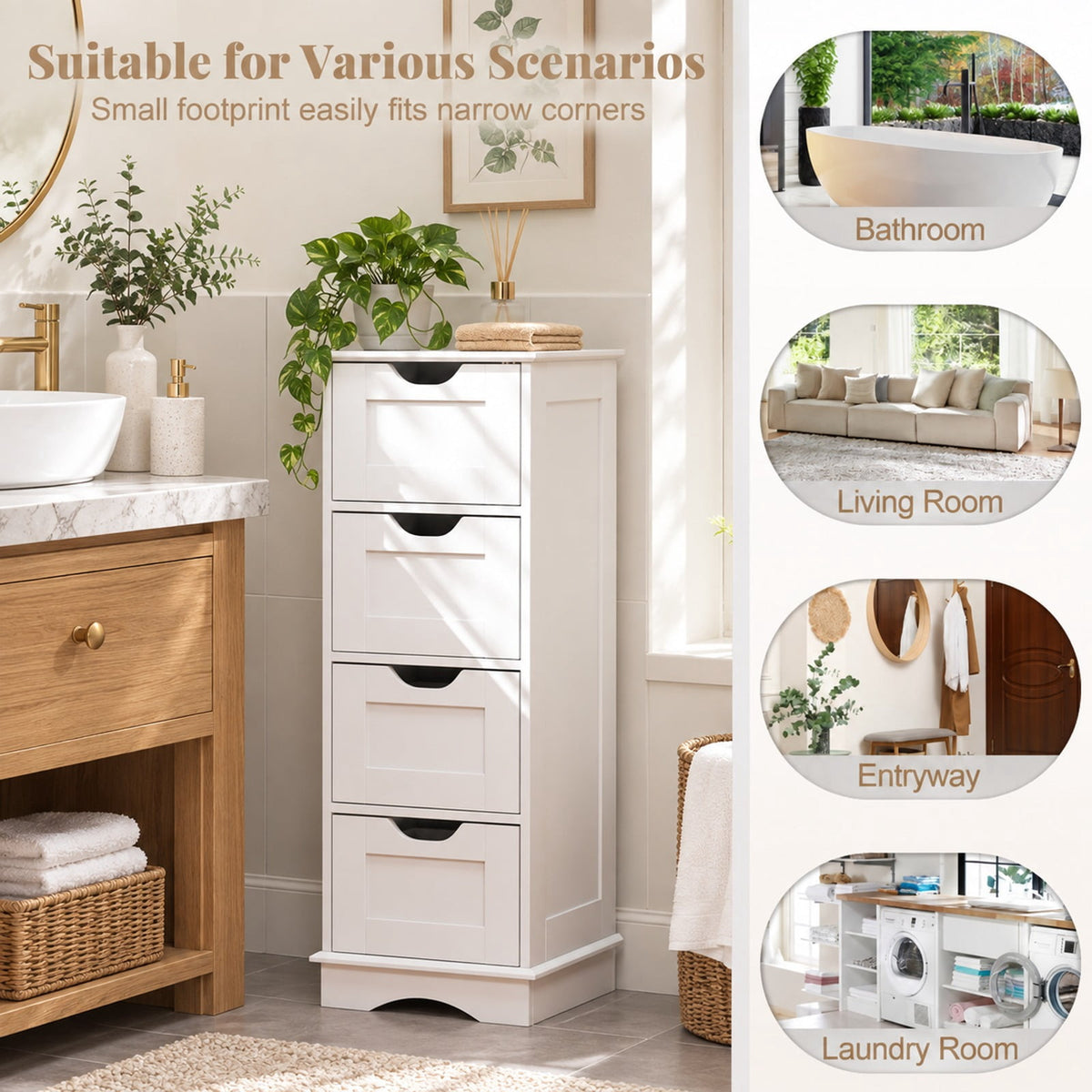 Airfind Bathroom Storage Cabinet featuring Cutout Handles and 4 Drawers, 33 lbs Capacity, MDF Frame, 12 Inch x 12 Inch x 32 Inch Footprint, White
