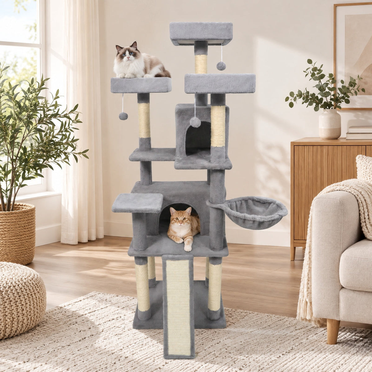 Airfind 65 Inch Tall Multi-level Cat Tree with 3 Upholstered Perch and 2 Cat Condos, Fabric Sisal Engineered Wood Overall Height 65 Inch Base Frame