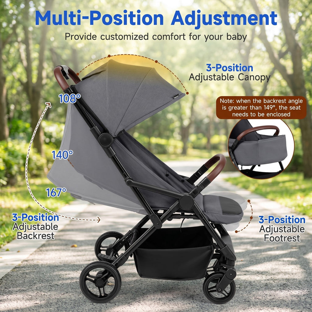 Airfind Lightweight Baby Stroller with One-Hand Folding and Adjustable Canopy for Toddlers, 50 lbs Capacity, Metal Aluminum Fabric Frame, Gray