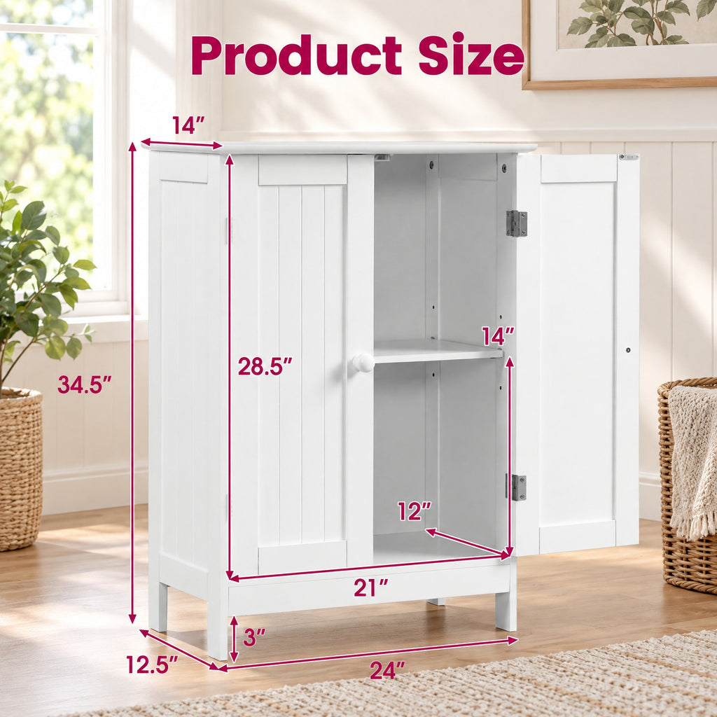 Airfind Bathroom Floor Storage Double Door Cupboard Cabinet, 22 lbs Capacity, MDF Frame, 24in x 14in x 34.5in Footprint, White