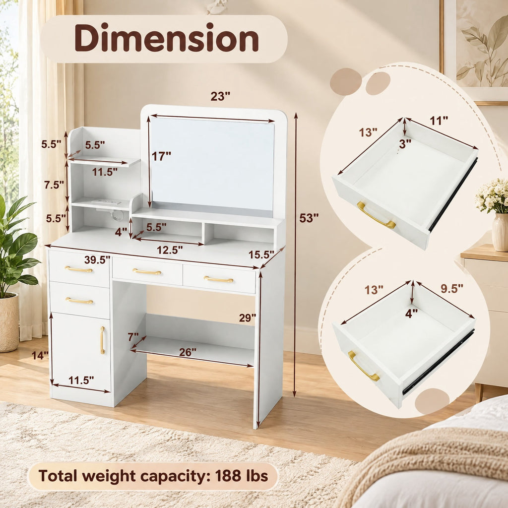 Airfind 39.5 Inch Vanity Desk with Power Outlets and Mirror for Bedroom, 85 lbs Capacity, 39.5in x 15.5in x 53inMirror Footprint, White