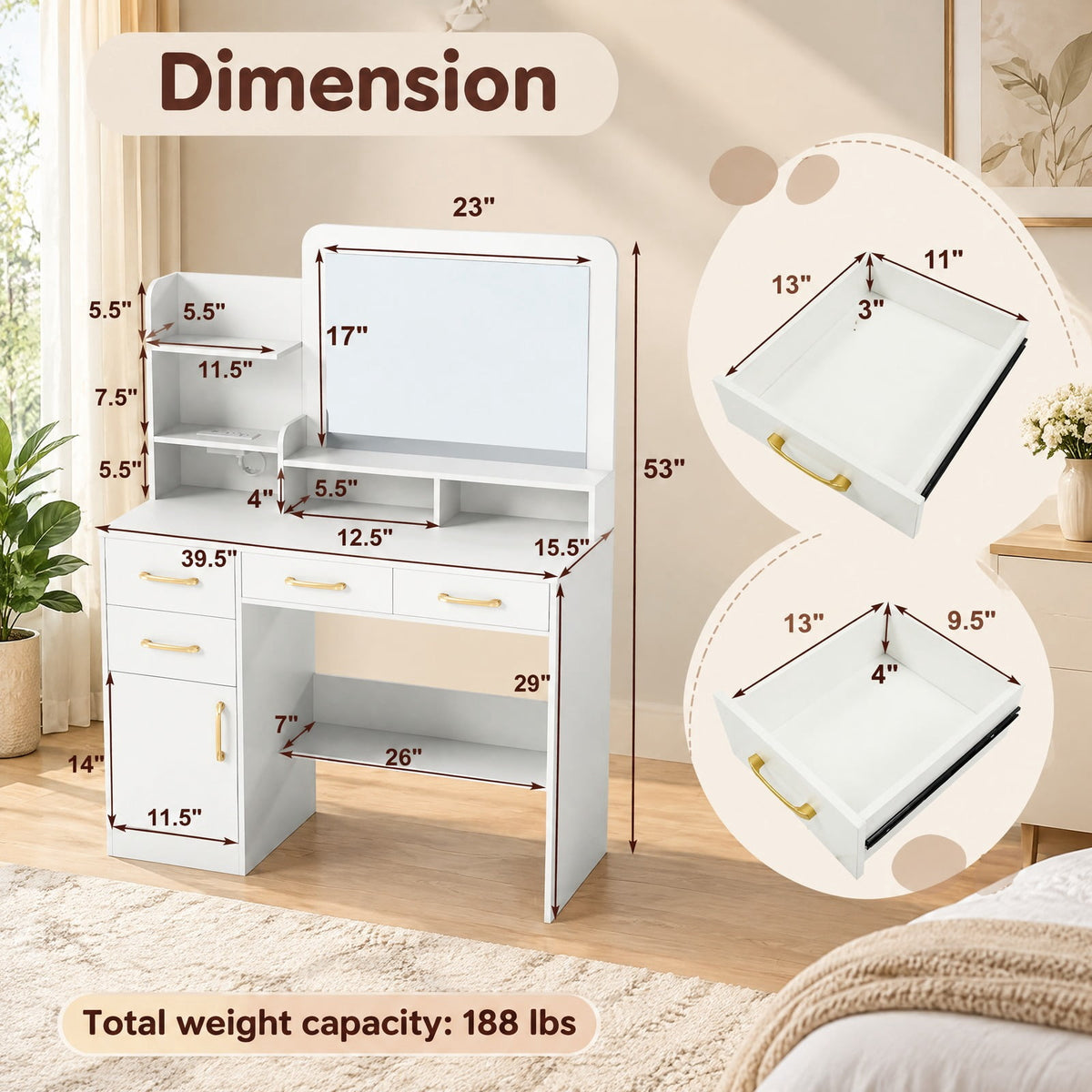 Airfind 39.5 Inch Vanity Desk with Power Outlets and Mirror for Bedroom, 85 lbs Capacity, 39.5in x 15.5in x 53inMirror Footprint, White