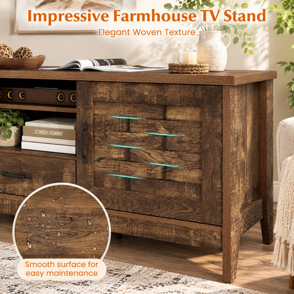 Airfind TV Stand, Farmhouse, for 65 Inch TVs with 2 Woven Accent Doors and 3 Adjustable Shelves, 110 lbs Capacity, Engineered Wood MDF Frame, Brown