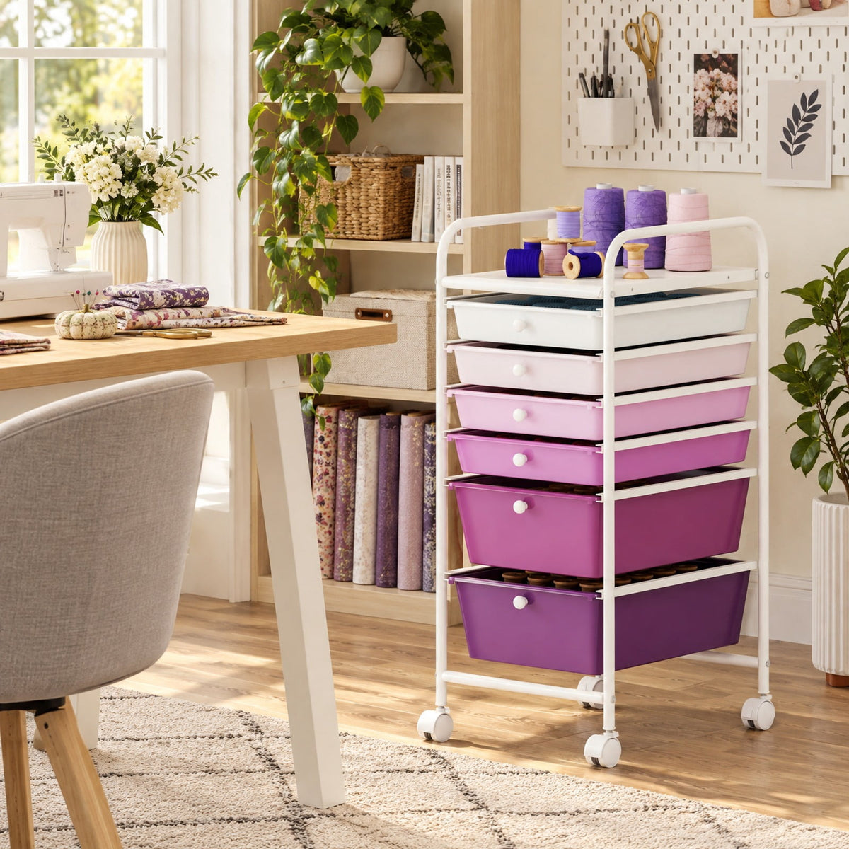 Airfind Multifunctional 6 Drawers Rolling Storage Cart Organizer, Steel Frame, 17 x 13.5 x 30 Footprint, Purple