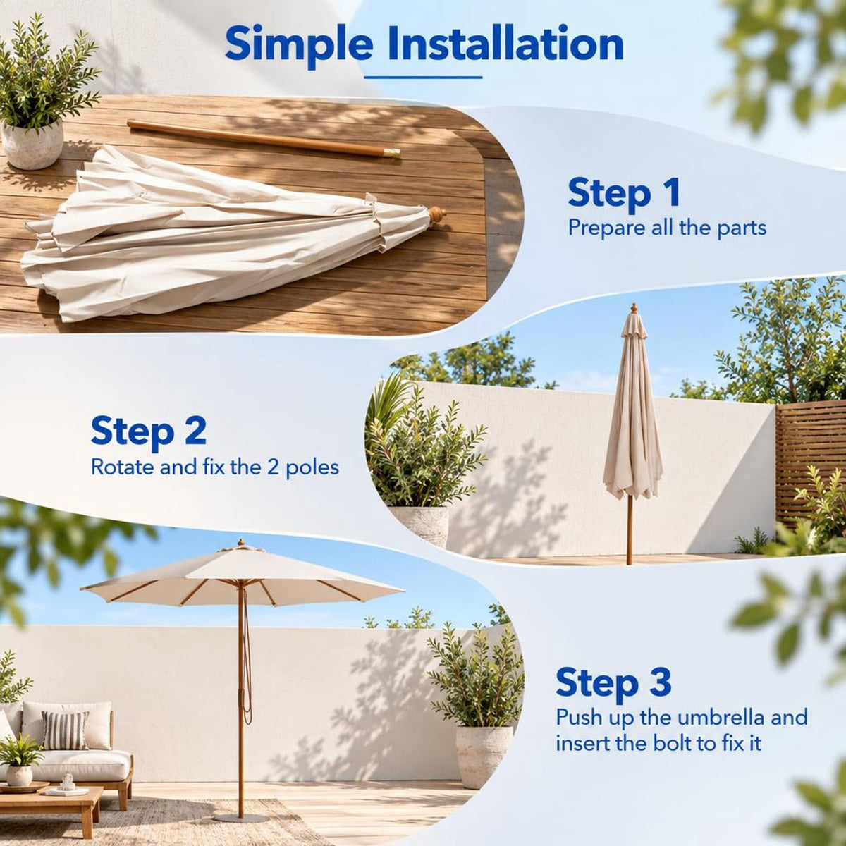 Airfind 10 Feet Patio Umbrella with 8 Wooden Ribs and 3 Adjustable Heights, 180G polyester fabric PP bamboo wood Frame, Beige