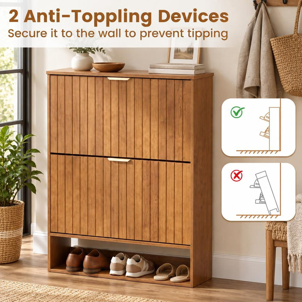 Airfind Fluted Hidden Shoe Cabinet with 2 Flip Drawers and Open Storage, 55 lbs Capacity, Engineered Wood Frame, 31.5in x 9.5in x 40in Footprint