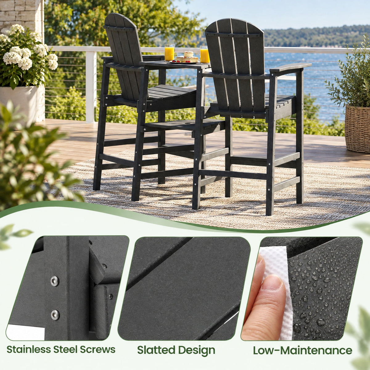 Airfind 2-Seat Adirondack Chair All-Weather Adirondack Chair with Double Connecting Tray, Chair 330 lbs Capacity, HDPE Frame, Gray