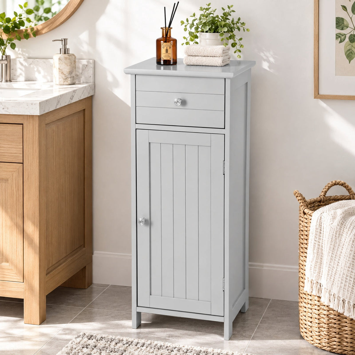 Airfind Wooden Bathroom Floor Storage Cabinet with Drawer and Shelf, 22 lbs Capacity, MDF Frame, 14 Inch x 12 Inch x 34.5 Inch Footprint, Gray