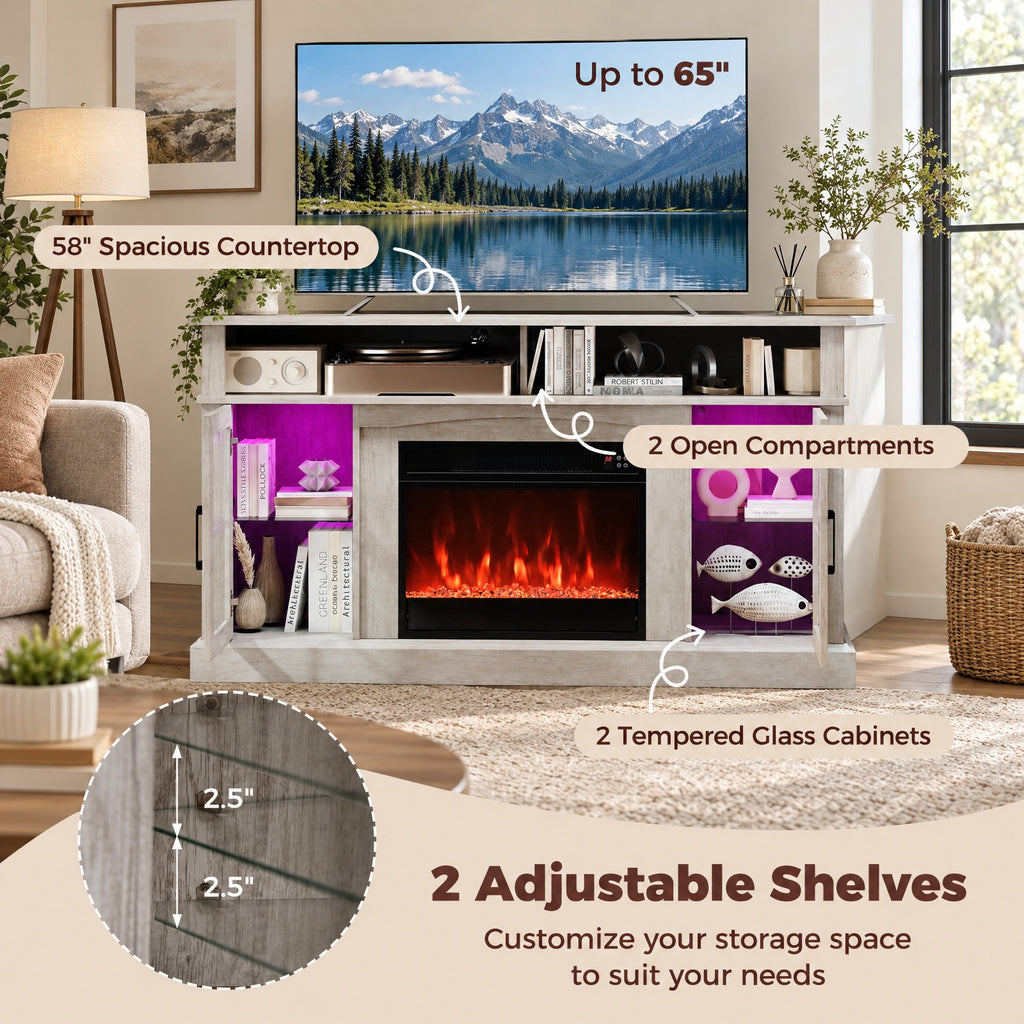 Airfind 58 Inch Fireplace TV Stand with LED Lights with Storage Cabinets and Glass Doors, 70 lbs Capacity, MDF Metal Tempered Glass Frame, Gray