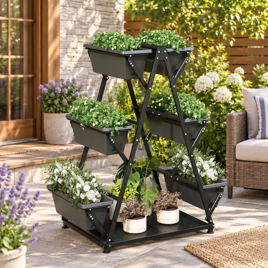 Airfind 3-Tier Vertical Raised Garden Bed with 4 Wheels and 6 Container Boxes, Carbon Steel PP Metal Frame, 38 x 23 x 47 Footprint, Black