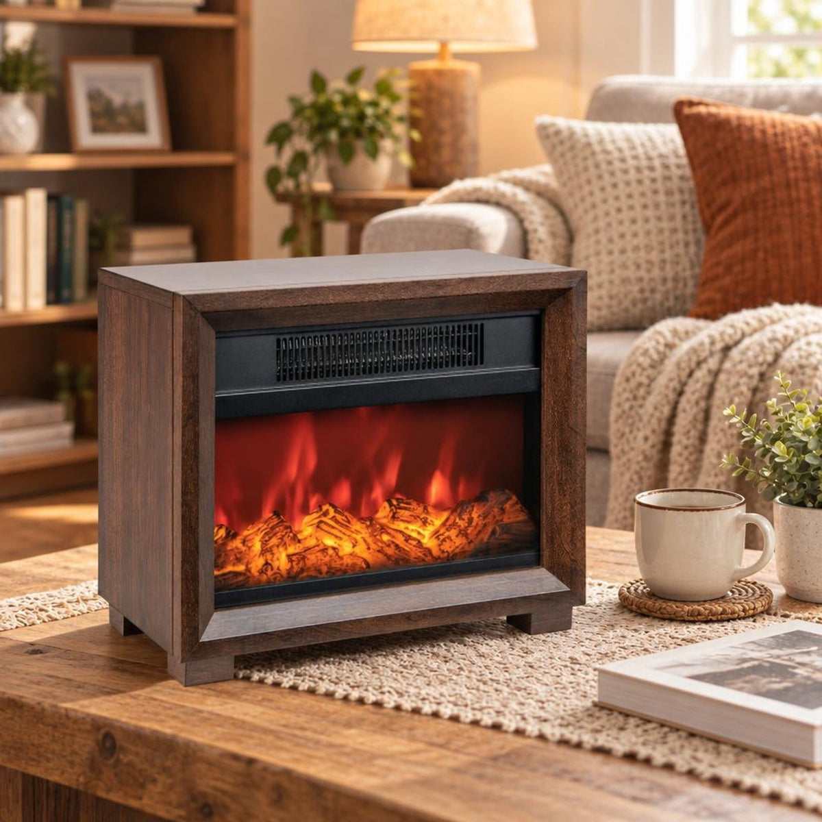 Airfind Mini Wooden Space Tabletop Fireplace with Realistic Flame Effect, MDF PB Metal Frame, Quiet Operation wont Disturb Your Relaxation, Brown