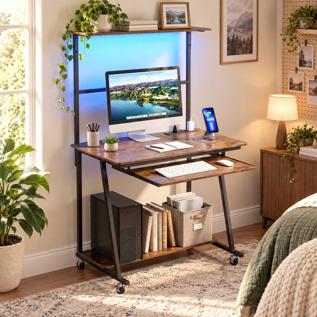 Airfind Small Computer Desk with Charging Station and LED Lights and Wheels, 165 lbs Capacity, Metal Engineered Wood Frame, Brown