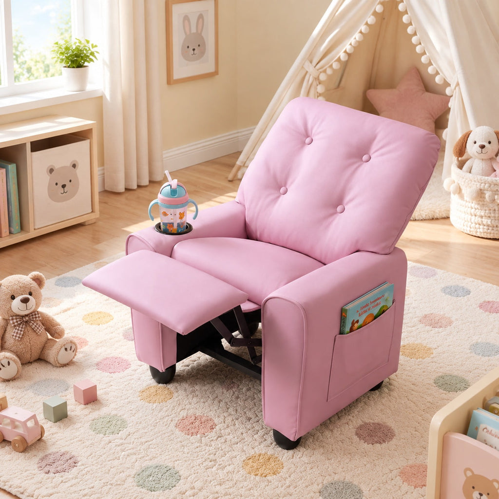 Airfind Youth Recliner Chair with Cup Holder, Side Pocket and Push-back Footrest, PU Upholstery, 24 x 21 x 30 in for Everyday Use, Pink