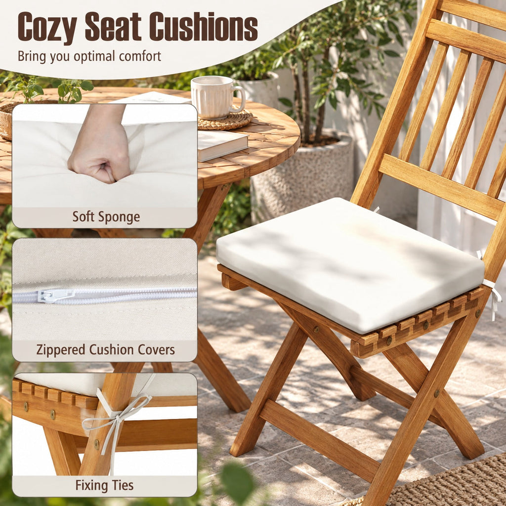 Airfind Outdoor Wood Bistro Set with Soft Seat Cushions and Table, Chair 400 lbs Capacity, Acacia Wood Polyester Sponge Frame, White