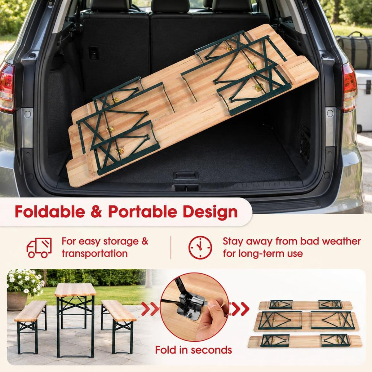 Airfind 3 Pieces Folding Wooden Picnic Table Bench Set, 660 lbs Capacity, Iron Fir Wood Frame, 70 x 18 x 29.5 Footprint
