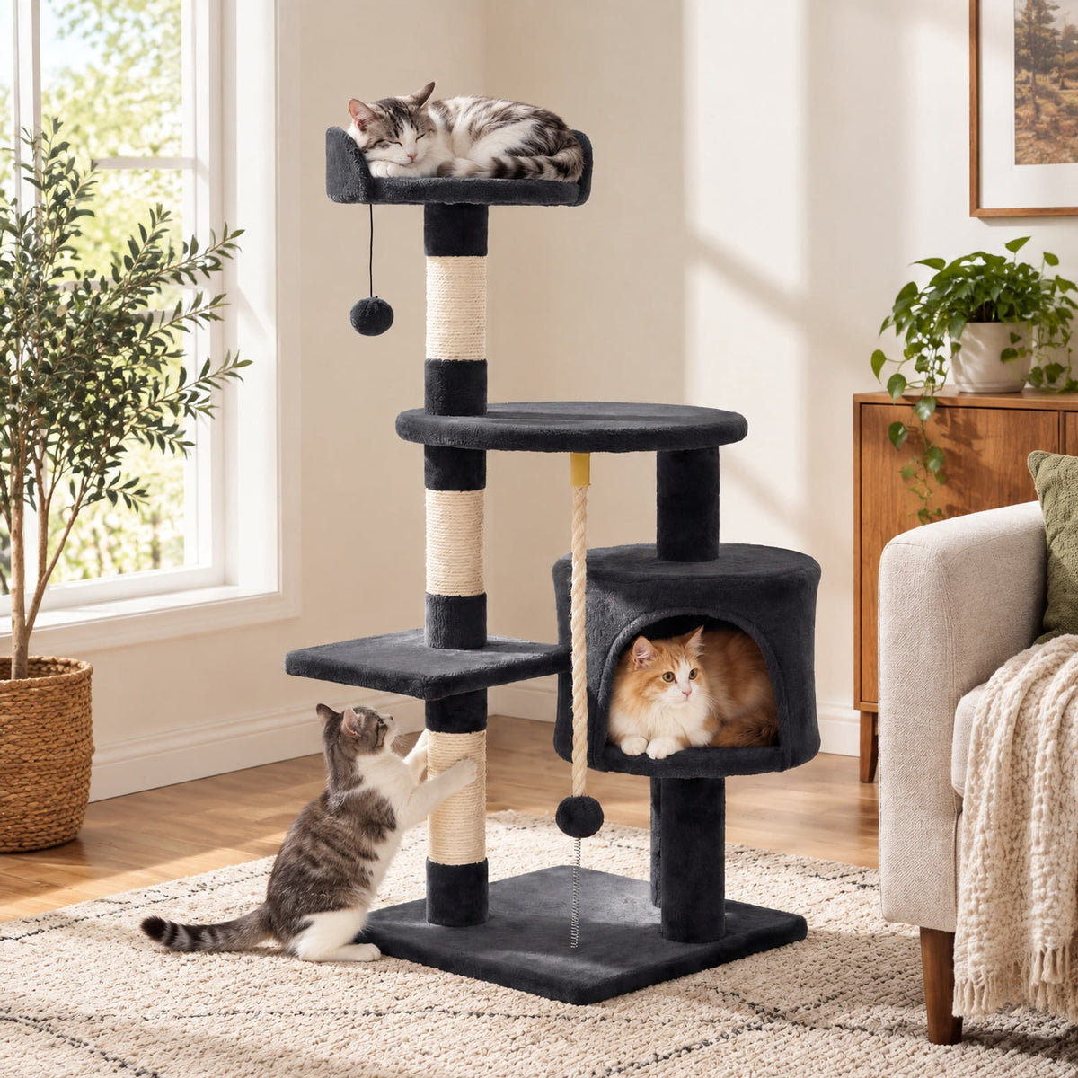 Airfind 36 Inch Tall Kitten Tower with Condo and Plush Perch, 22 lbs Capacity, Engineered Wood Sponge Plush Fabric Sisal Base Frame, Dark Gray
