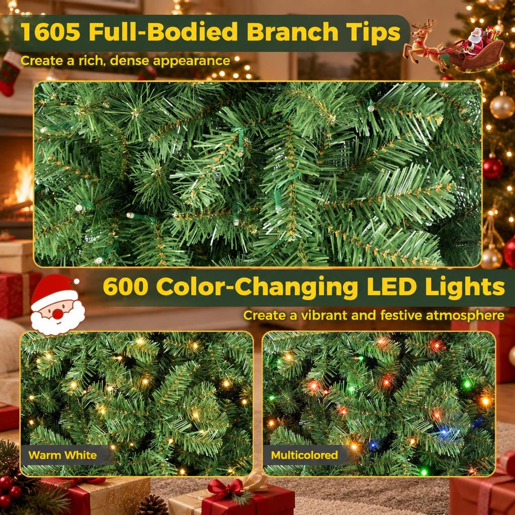 Airfind Pre-Lit Green Artificial Christmas Tree with Full Branch Tips-8 Feet, PVC Metal Frame, Green