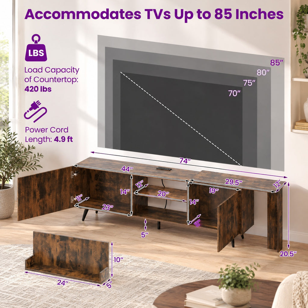 Airfind TV Stand for TVs up to 85 Inch with 2 Wall Shelves and Charging Station, 420 lbs Capacity, Engineered Wood Frame, Brown