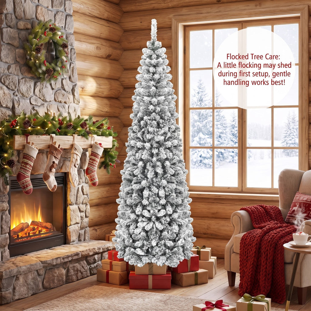 Airfind 7.5 Feet Unlit Hinged Snow Flocked Artificial Pencil Christmas Tree with 641 Tips, PVC Metal Tree Height 7.5 ft Tree Width 2.2 ft Frame