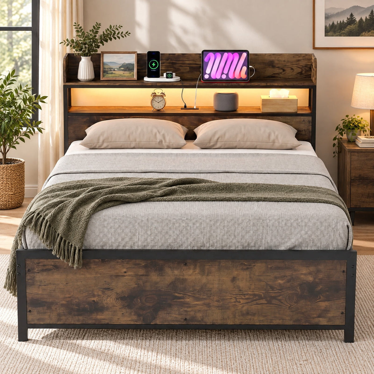 Airfind LED Bed Frame with Power Outlets and Storage Headboard, 1000 lbs Capacity, Engineered Wood Metal MDF Frame