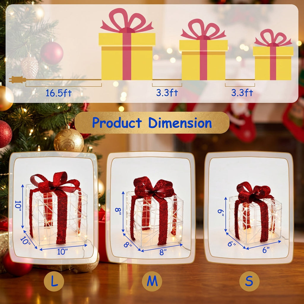 Airfind 3 Pieces Christmas Lighted Gift Boxes Decorations with 60 LED Lights for Indoor and Outdoor, PVC Steel fabric Frame, As picture shows