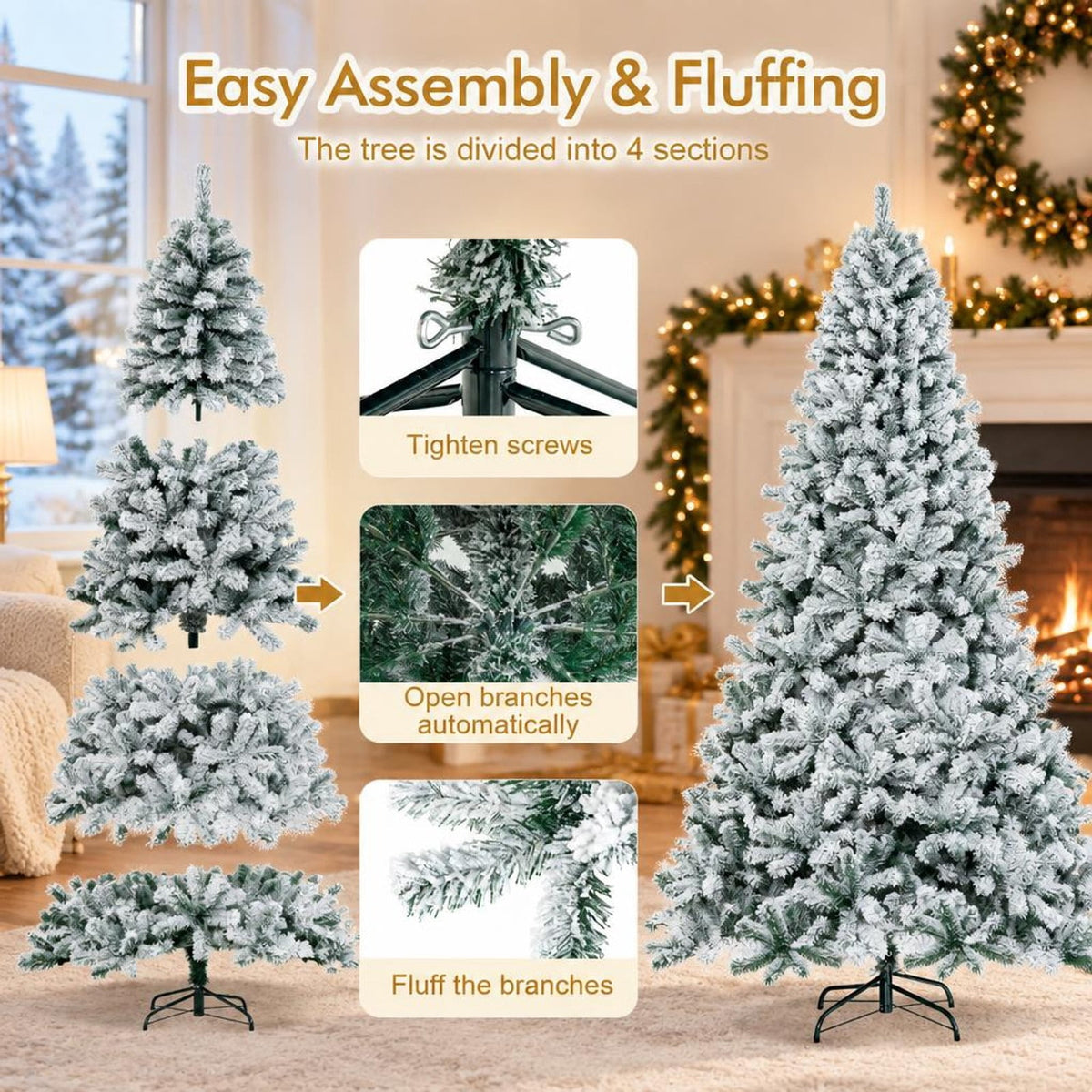 Airfind Snow-flocked Artificial Christmas Tree 9 Ft featuring Hinged PVC Branches and Metal Stand for Indoor Holiday Decor, White