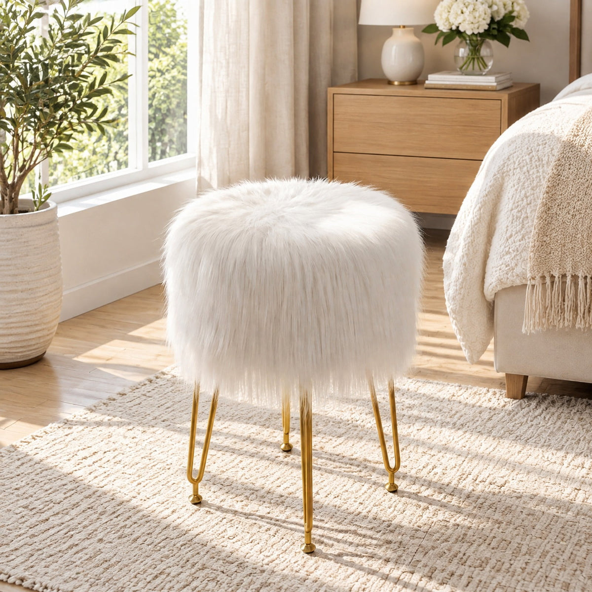 Airfind Faux Fur Vanity Stool Chair with Metal Legs for Bedroom and Living Room, 330 lbs Capacity, Faux Fur Sponge Metal MDF Plywood Frame, White