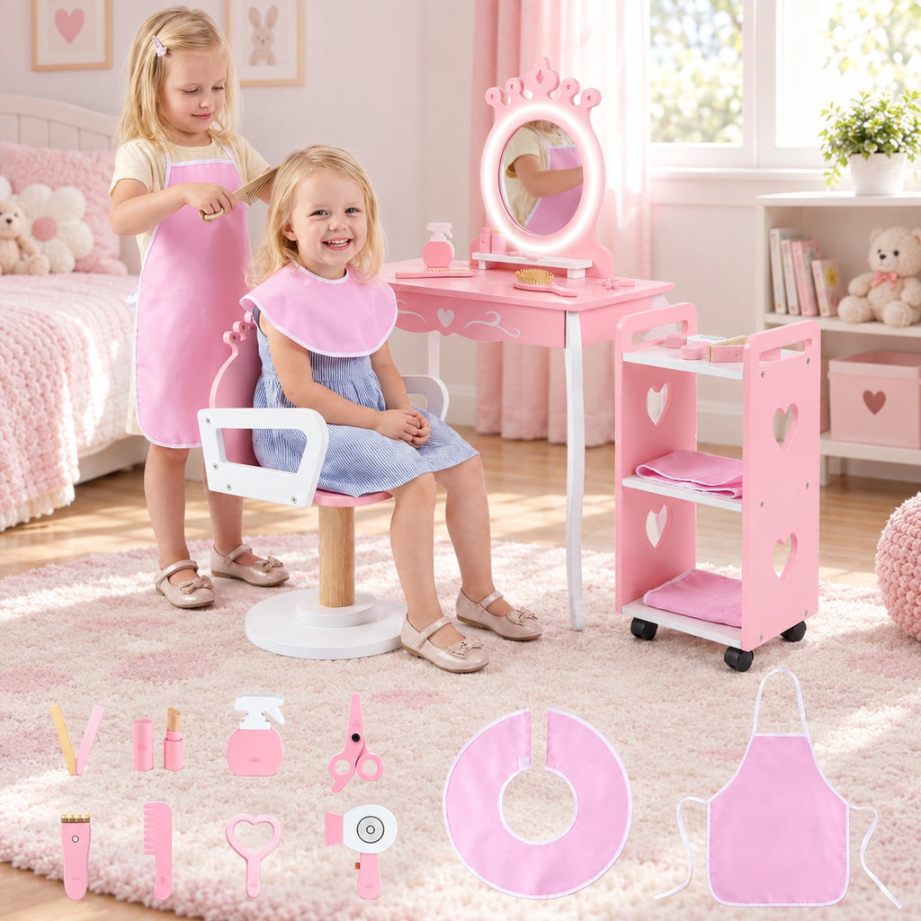 Airfind Kids Hair Salon Play Set with LED Lighted Mirror Wooden Pretend Hair Salon Station with Swivel Barber Chair, 66 lbs Capacity, Pink