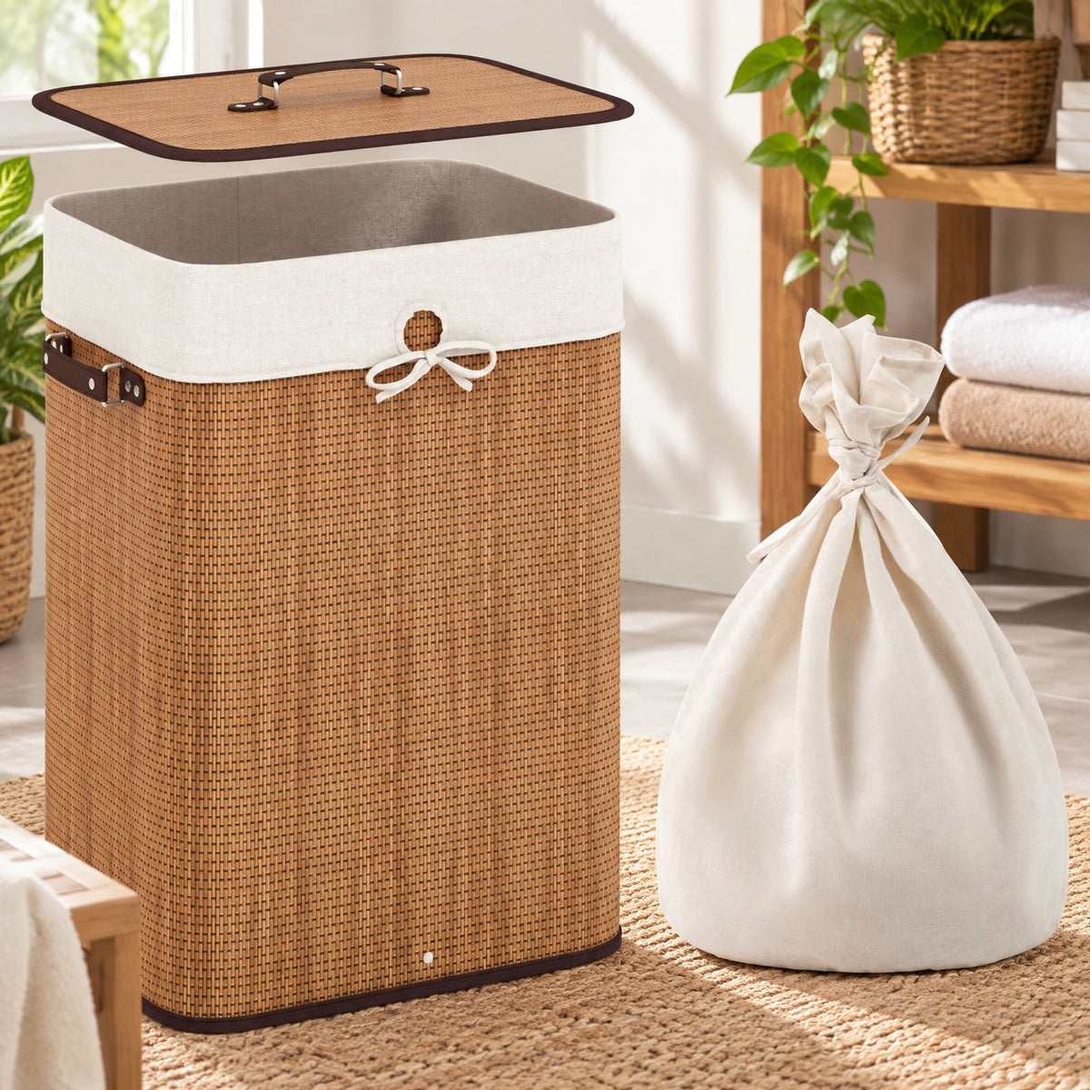 Airfind 19 Gal Rectangle Laundry Basket Bamboo Clothes Hamper with Handles and Lid, Bamboo and polyester cotton Frame, Yellow