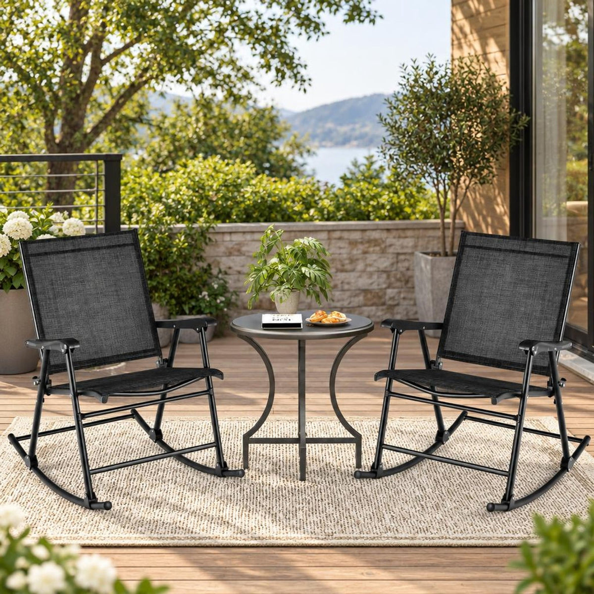 Airfind Folding Rocking Chair with Breathable Seat Fabric Set of 2, 330 lbs Capacity, Fabric Metal Frame, 32.5 x 25 x 36 Footprint, Black