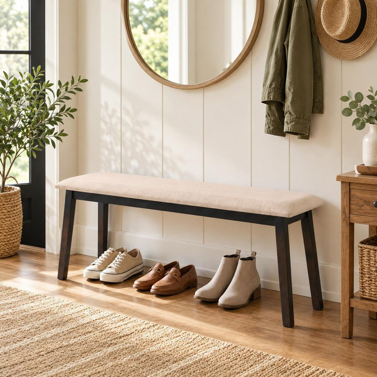Airfind 43.5 Inch Upholstered Entryway Bench with Rubber Wood Frame, 550 lbs Capacity, Faux Linen Fabric Frame, 43.5 Inch x 14 Inch x 18 Inch Footprint, Beige