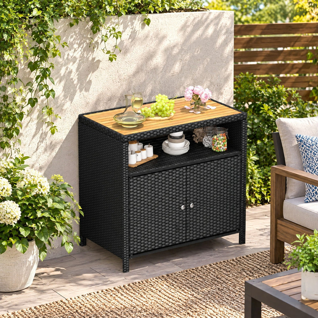 Airfind Rattan Storage Cabinet with Acacia Wood Countertop for Poolside Deck and Patio, 100 lbs Capacity, PE Rattan Acacia Wood Metal Frame, Black
