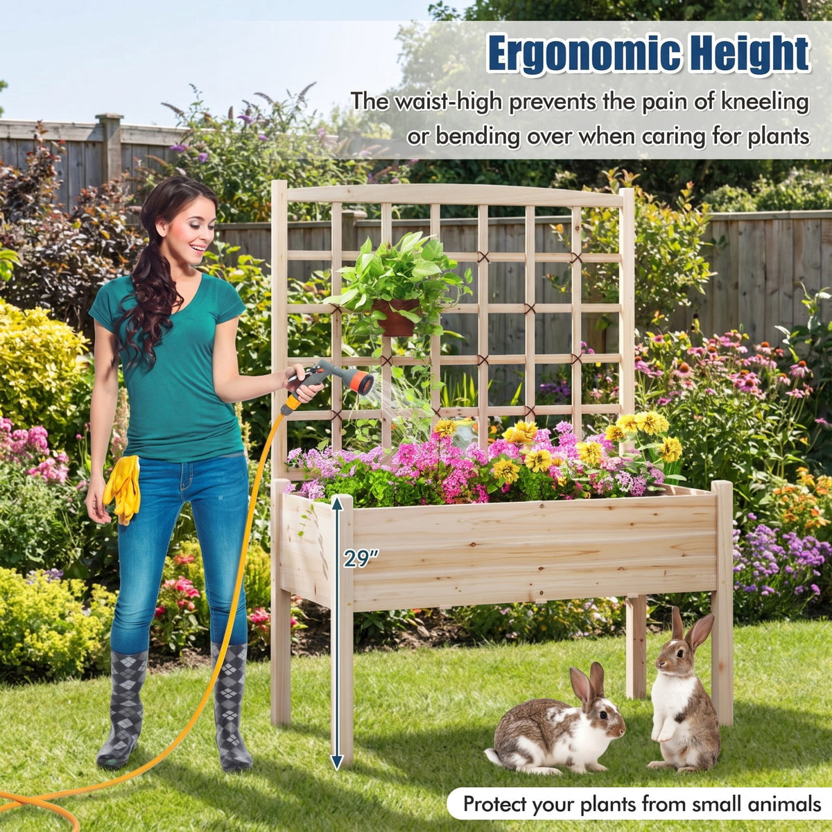 Airfind Raised Garden Bed with Lattice Trellis and Drainage Holes Elevated, 176 lbs Capacity, Fir Wood Frame, Natural