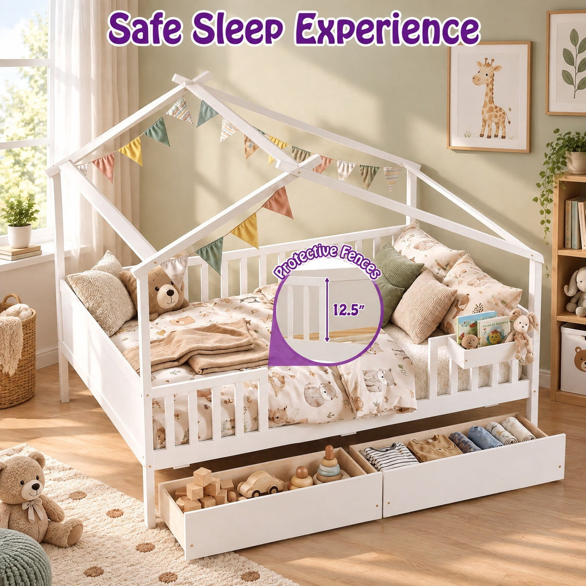 Airfind Full Size House Bed with Roof and Fence Rails for Kid, 550 lbs Capacity, Pine Wood Plywood MDF Engineered Wood Frame, White