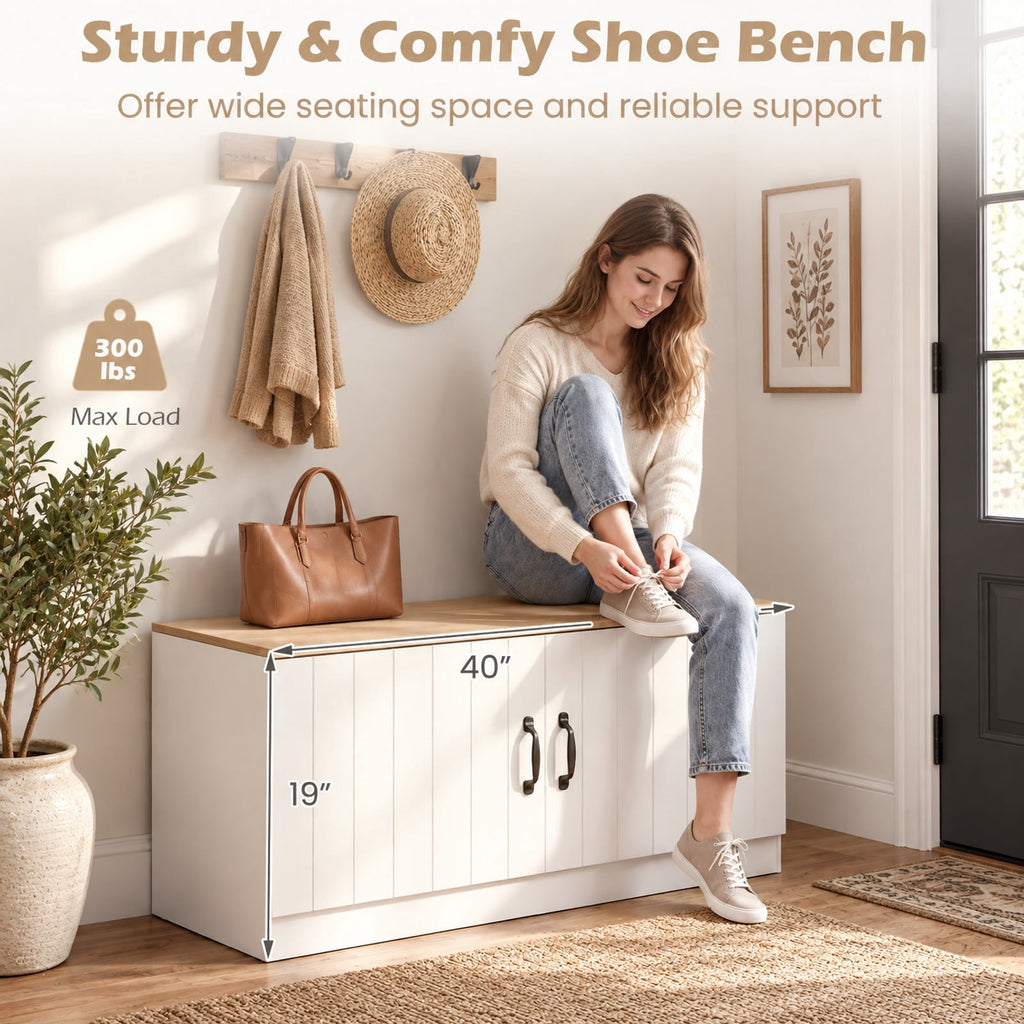 Airfind 2-Door Shoe Bench Shoe Storage Cabinet with Adjustable Shelves, 300 lbs Capacity, Engineered Wood MDF Frame, 40 x 16 x 19 Footprint