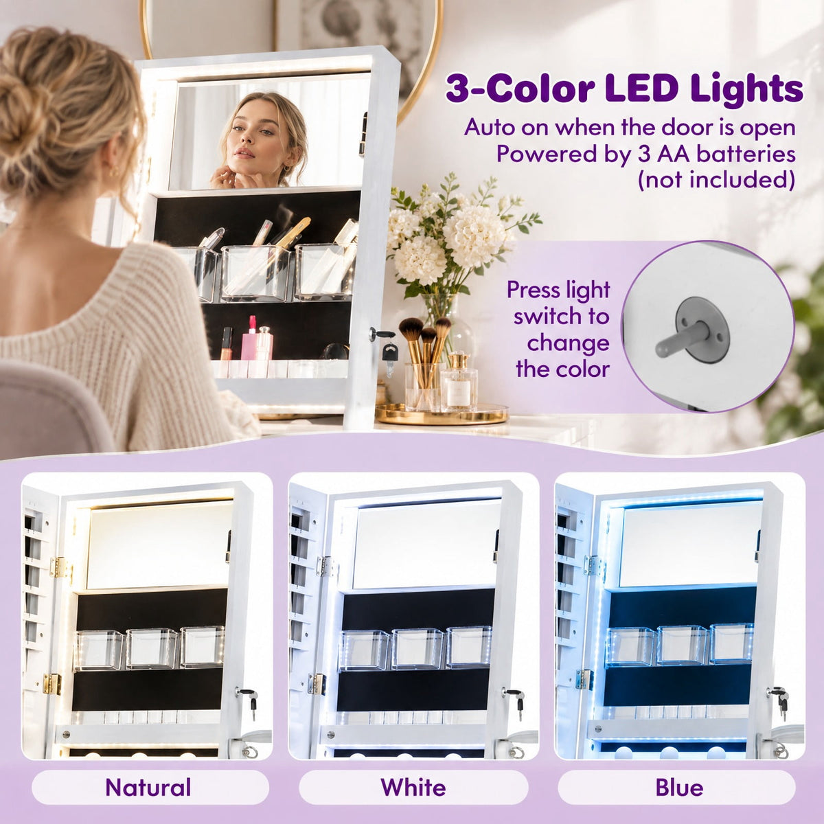 Airfind Jewelry Cabinet, Freestanding, with Full Length HD Mirror, MDF Glass Frame, 16 Inch x 14.5 Inch x 61.5 Inch Footprint, White