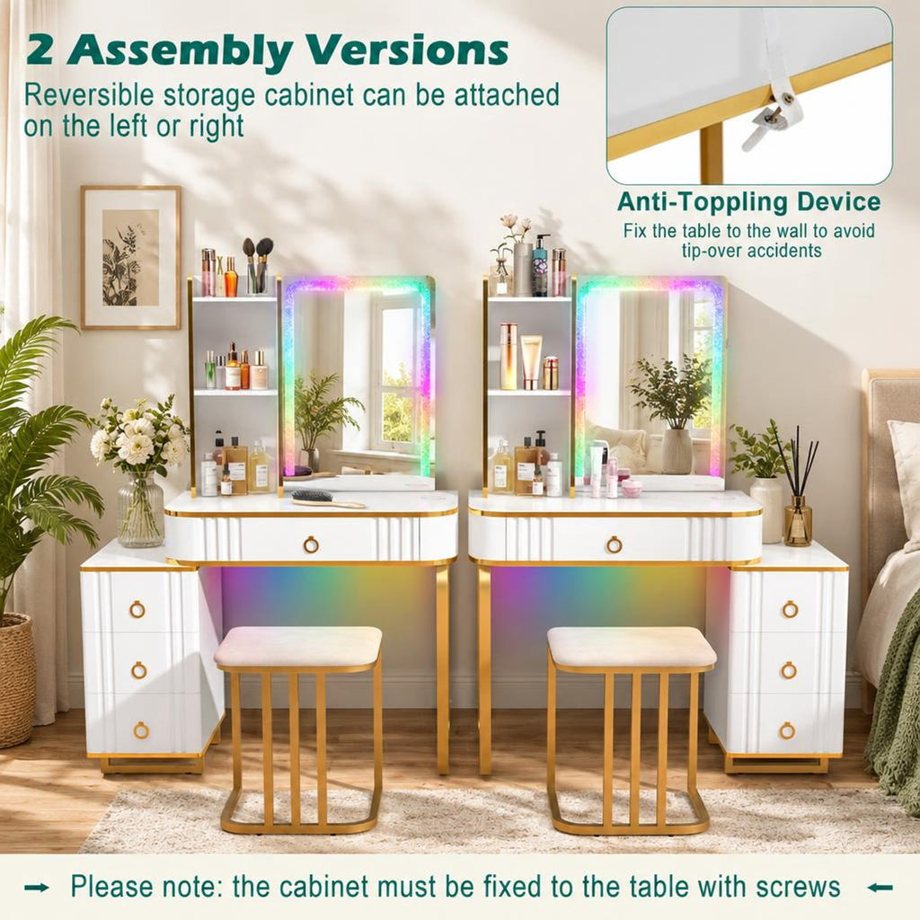 Airfind Vanity Table Set with RGB LED Lights and Wireless Charging Station, 200 lbs Capacity, P2 MDF Pine Wood Metal Frame, White